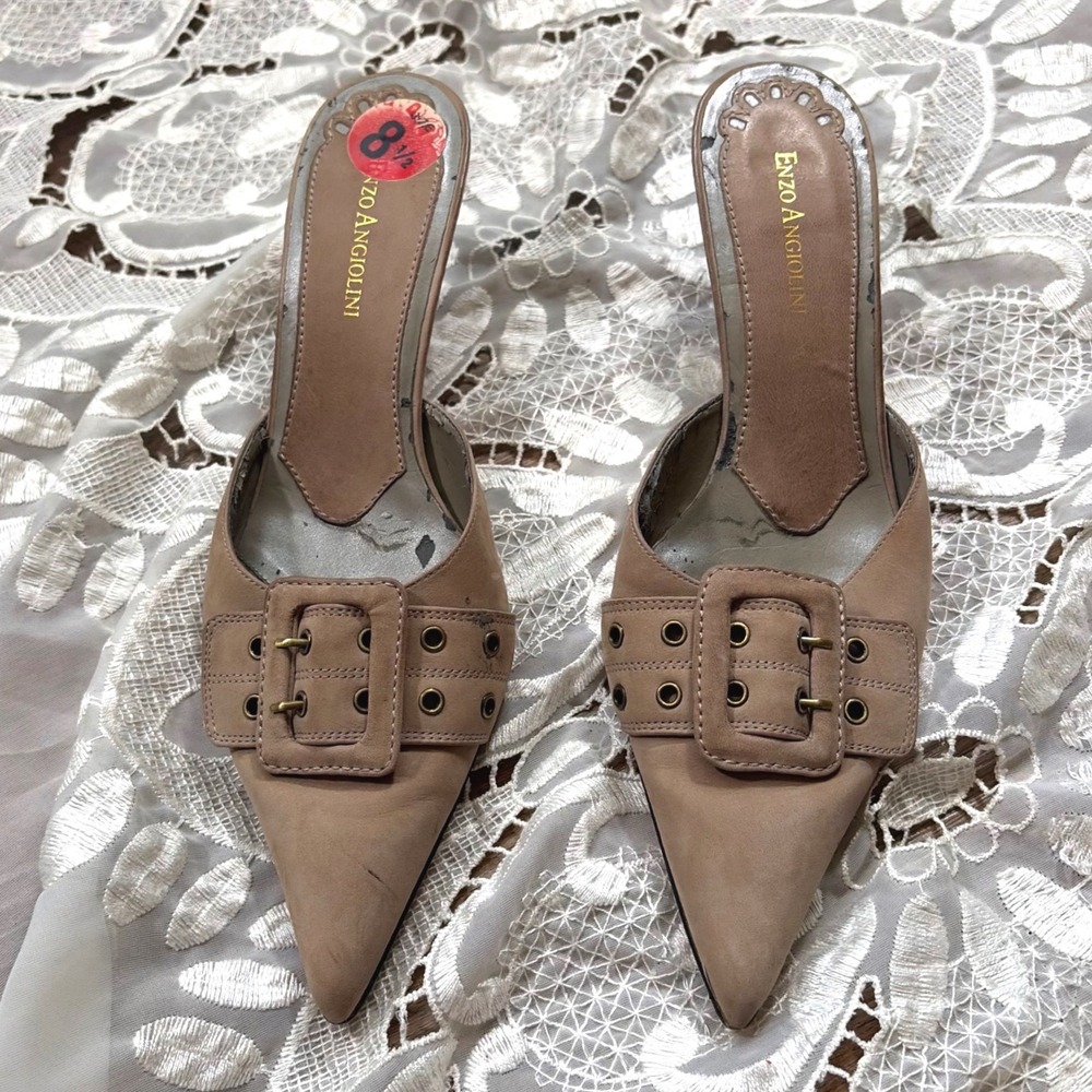 Y2K Grunge Tan Leather Buckle Pointed Toe Kitten Heel Mules Size 8.5 M